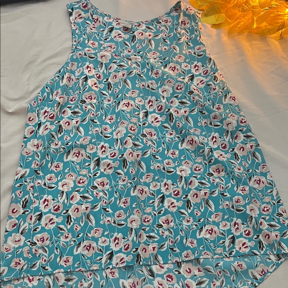 Floral Sleeveless Top - Blue and White